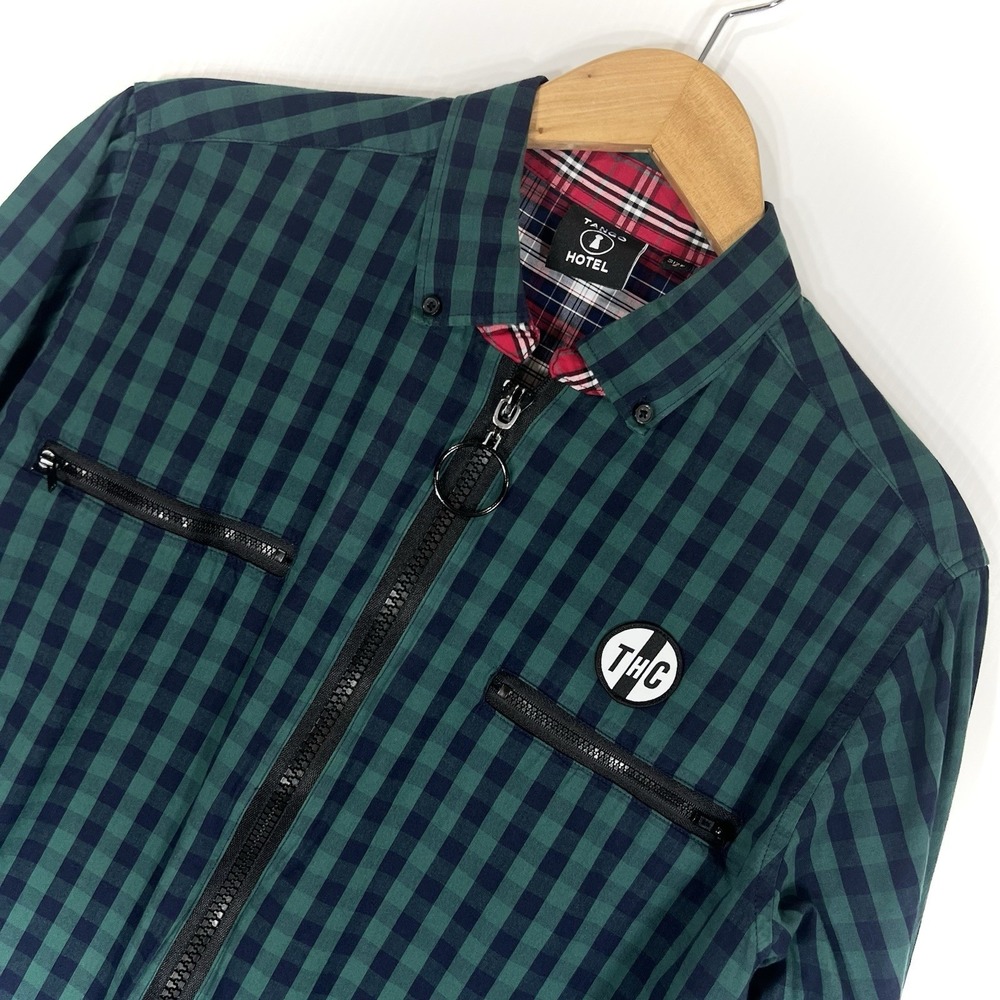 Tango Hotel Mens Tartan Plaid‎ Shirt Size Small Green Black Zip-Up Checkered LS